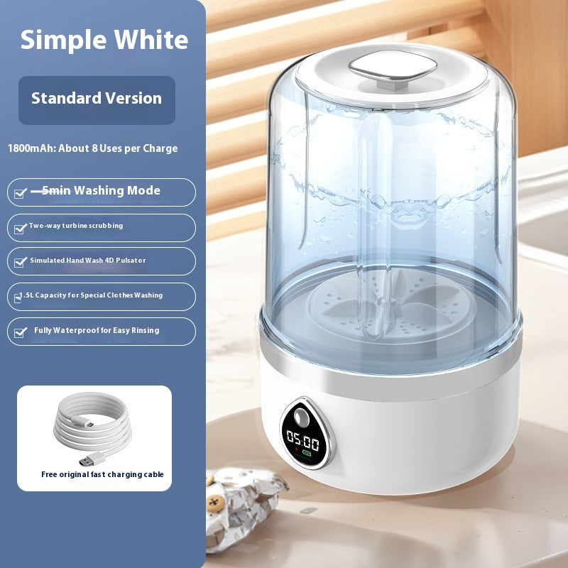 Mini Washing Machine automática portátil de carga USB, diseño blanco simple y características de lavado mejoradas.