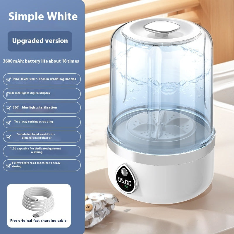 Mini Washing Machine portátil blanca con pantalla digital y capacidad de 3600 mAh, perfecta para uso doméstico.